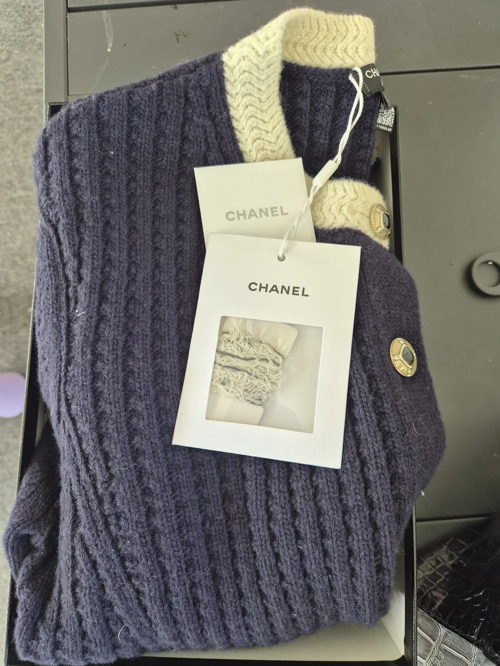Chanel Women's Navy and Cream Ribbed Button Cardigan